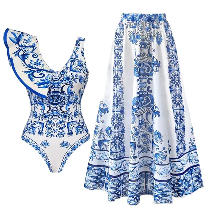 Maillot de bain une pièce à volants, Sexy, imprimé, avec jupe, Monokini, pour femmes, vêtements de plage