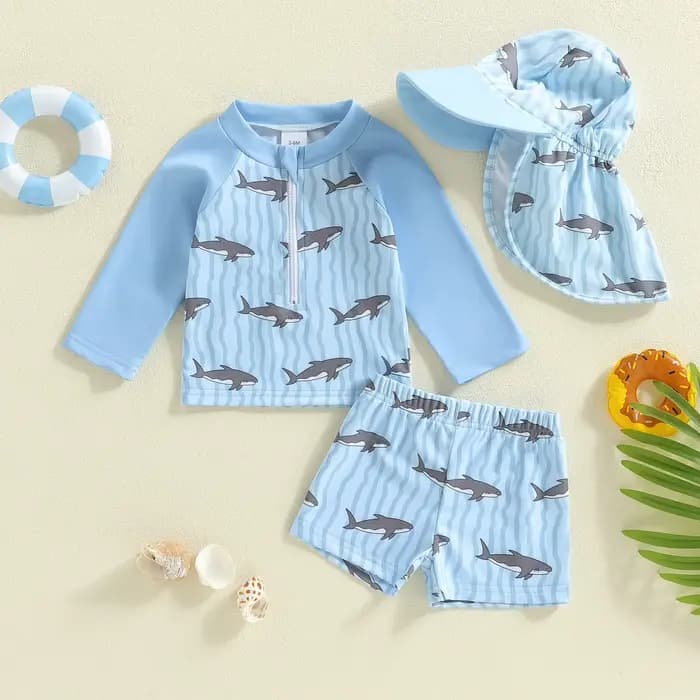 Maillot de bain Rash Guard pour bébé garçon, manches longues, imprimé requin et voilier, avec chapeau