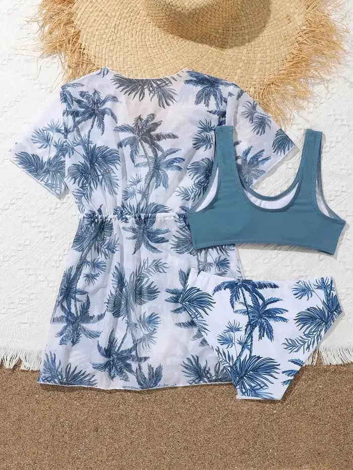 Ensemble 3 pièces imprimé : Maillot de bain pour filles 2026 avec kimono, tenue de bain pour enfants, maillot de bain féminin, vêtements de plage