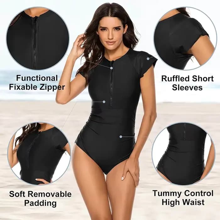 Femmes maillot de bain décontracté couleur unie fermeture éclair manches courtes col rond mince ventre contrôle maillots