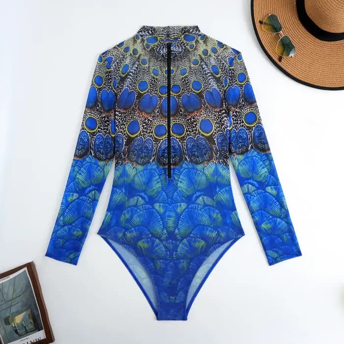 Vintage crème solaire une pièce maillot de bain jupe ensemble femmes paon imprimé fermeture éclair manches longues