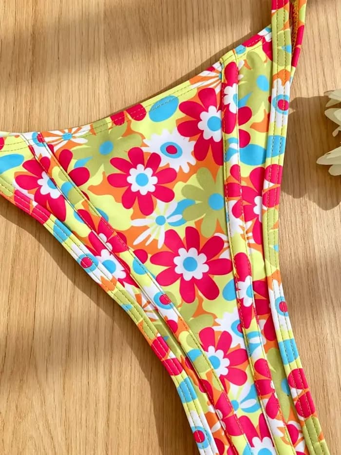 Rinabe Maillot de bain bikini à imprimé floral, dos nu, coupe haute, deux pièces, tenue de plage