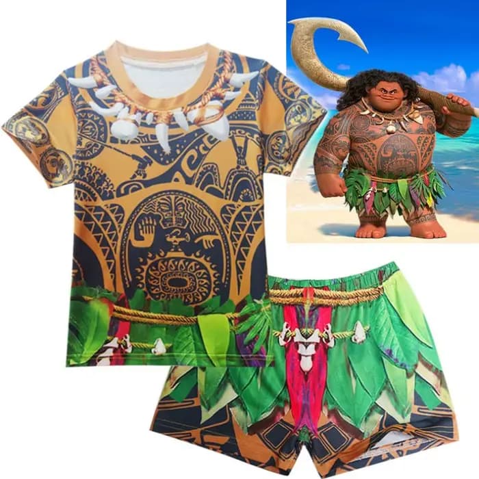 Maillot de bain pour enfants à manches courtes, costume de cosplay Moana Maui, chemise, short, pantalon, bonnet de bain, maillot de bain pour enfants