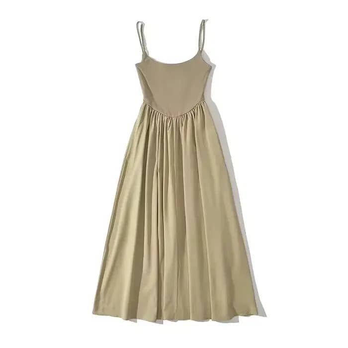 Robe midi rétro Hepburn à col en U en jersey, avec empiècements plissés et froncés, style corset taille basse, longue robe à bretelles pour femme, idéale pour les vacances