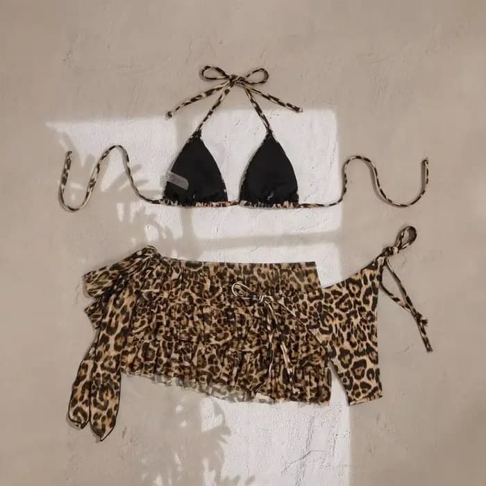 Ensemble Bikini 3 pièces imprimé léopard pour femmes