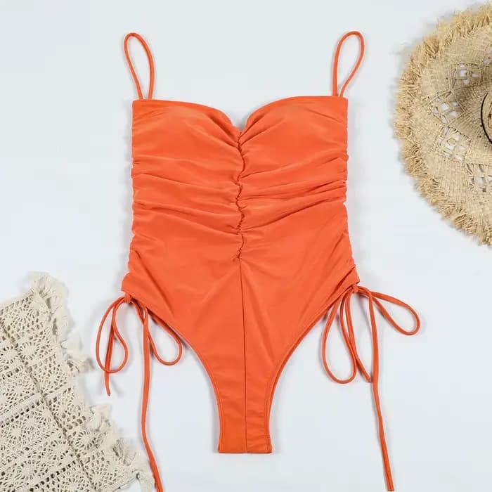 Maillot de bain une pièce sexy plissé avec cordon de serrage, monokini pour femme, couleur unie, épaules dénudées