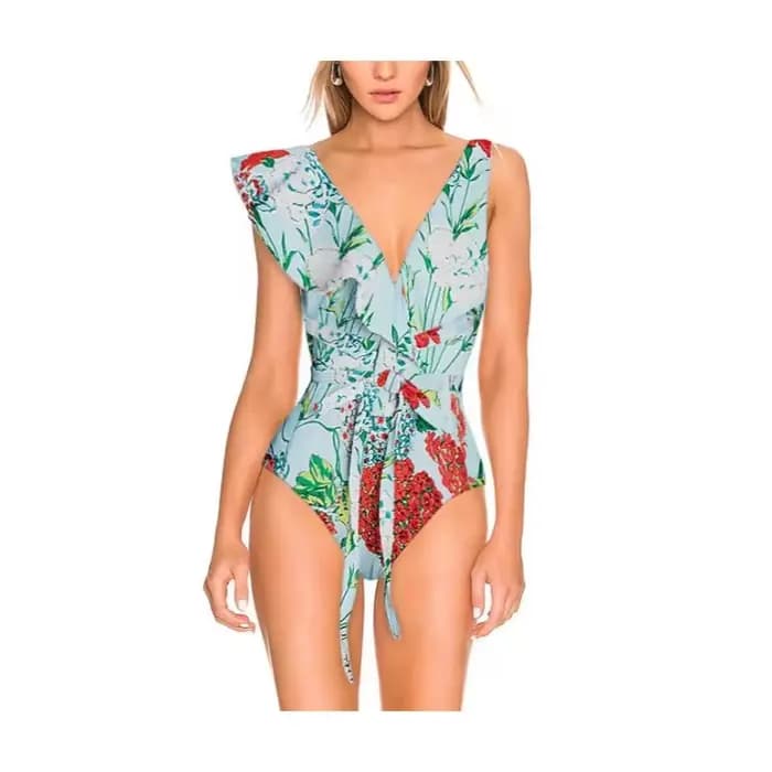 Maillot de bain une pièce vert rétro pour femmes, avec jupe portefeuille, col en V, imprimé Floral, Bkini, tenue de plage, vacances, 2025