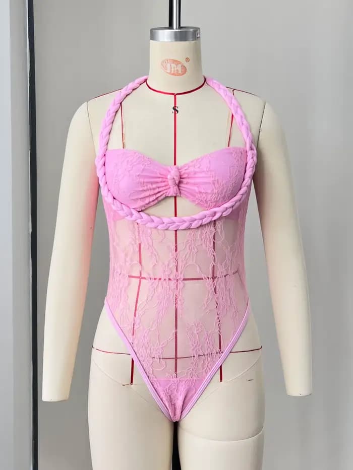 Sexy blanc rose corde attaché une pièce maillot de bain femmes avant arc Push Up maille jupe ensemble 2025 été maillot de bain vacances maillots de bain