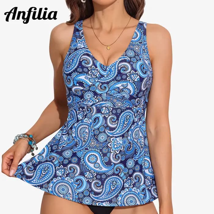 Anfilia Tankini pour femme, haut de maillot de bain torsadé à col en V, haut de maillot de bain fluide et rembourré (sans bas de maillot)
