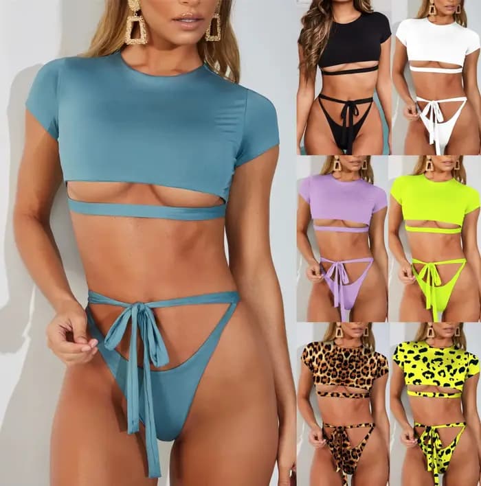 Hauts de bikini à bandelettes évidés T-shirts courts String Bquinis Micro