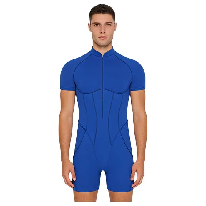 Hommes barboteuses body maillot de bain col montant avant fermeture éclair manches courtes Shorts bas justaucorps combinaison maillots de bain musculation combinaison