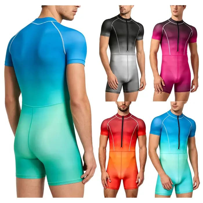 Combinaison de bain dégradée pour homme, une pièce, à manches courtes, avec fermeture éclair, pour la natation, la gym, l'entraînement et le sport