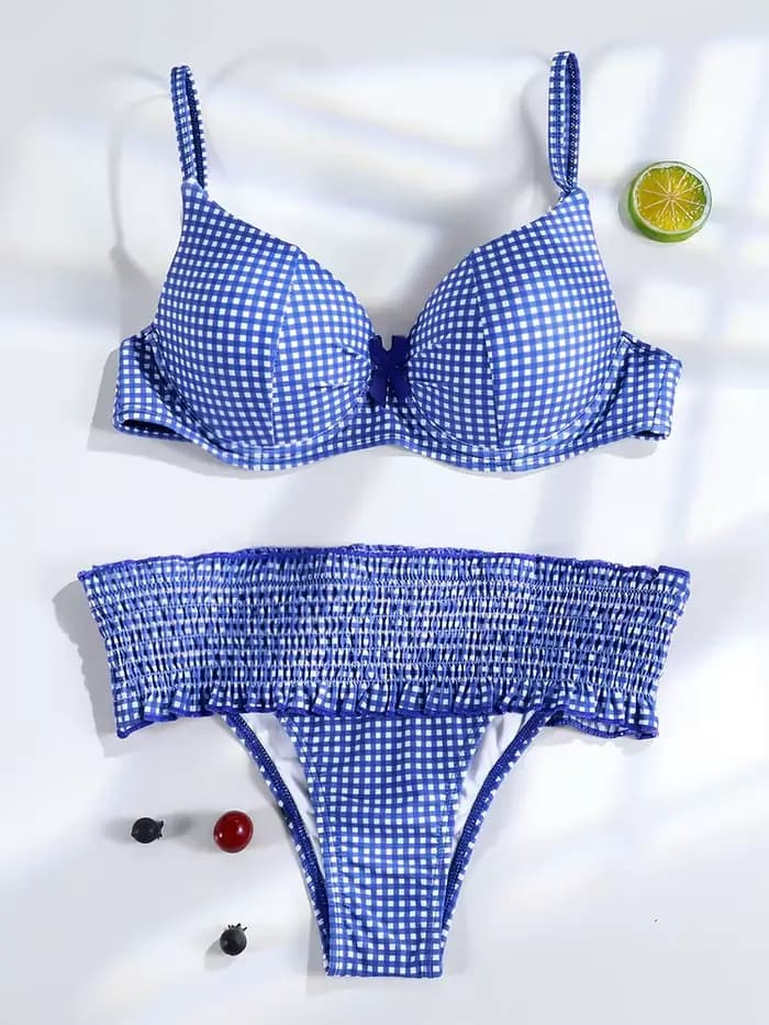 Maillots de bain plissés Miyouj Bow Bikinis 2026 pour femmes, ensemble bikini imprimé à carreaux, maillot de bain sexy push-up, tenue de plage taille basse