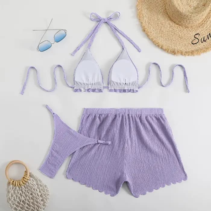 Ensemble de 3 pièces : Bikini string triangle 2026 pour femme, maillot de bain halter uni et sexy