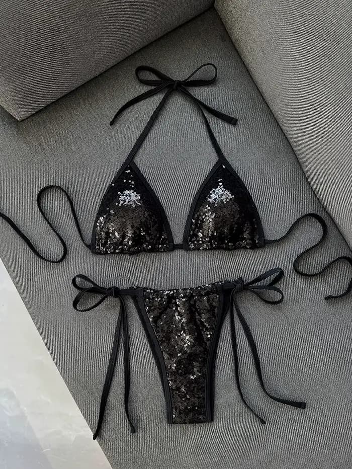 Micro bikini noir et rose à paillettes brillantes 2026 pour femme