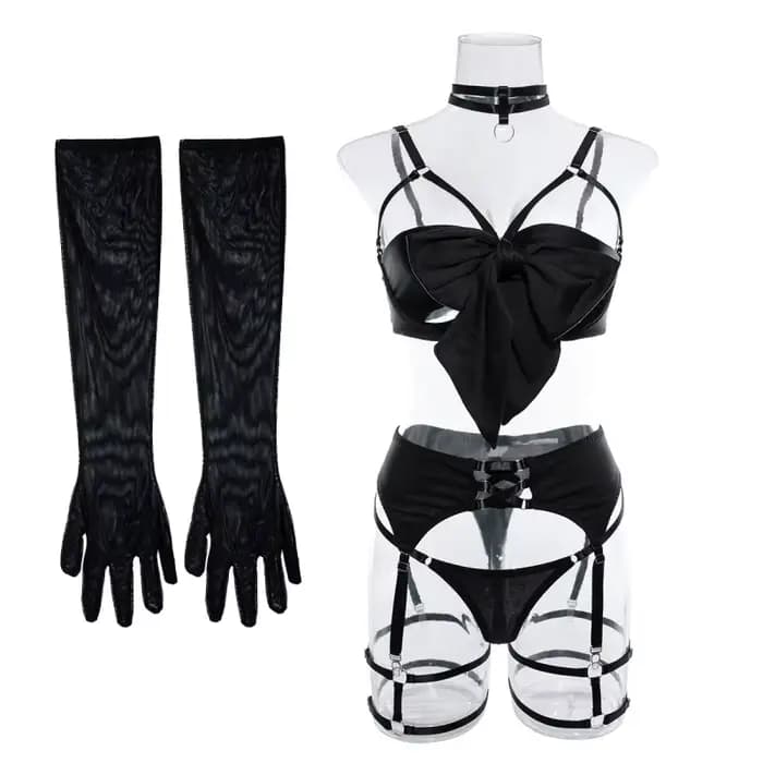 Maillot de bain bikini avec porte-jarretelles, design ajouré, ensemble trois pièces push-up, nœud de haute qualité avec gants