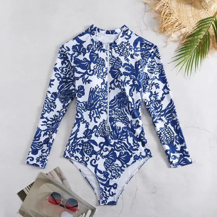 Maillot de bain une pièce, manches longues, fermeture éclair sur le devant, bleu, blanc, pour Surf et Sarong, amincissant, vêtements de plage