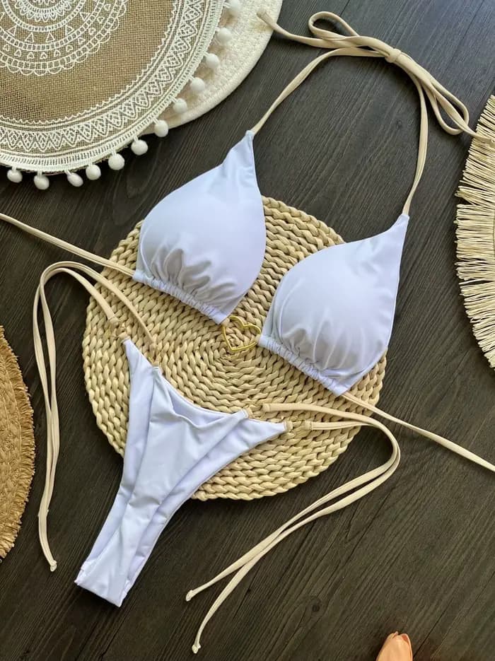 Femmes deux pièces maillot de bain Sexy Bikini blanc maillots de bain féminin Bikinis ensemble réglable maillots de bain femme licou Trikini livraison directe