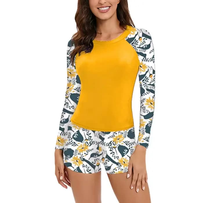 Maillot de bain deux pièces pour femmes, manches longues, séchage rapide, protection solaire, haut de sport pour le surf, imprimé, maillot de bain sportif, ensemble de bikini