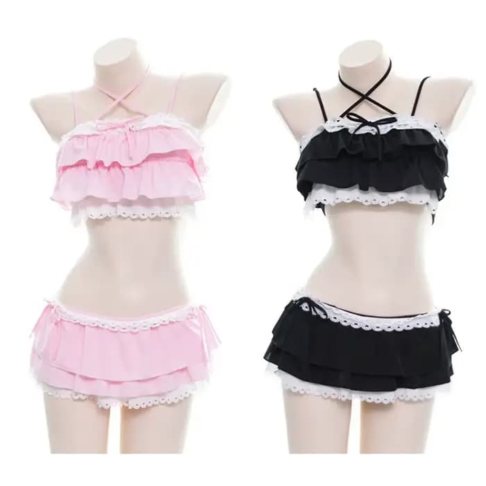 Mignon filles Lolita à volants Bikini Sukumizu Cosplay couleur rose et noir maillot de bain évidé multicouche ourlet Biquini femmes maillots de bain