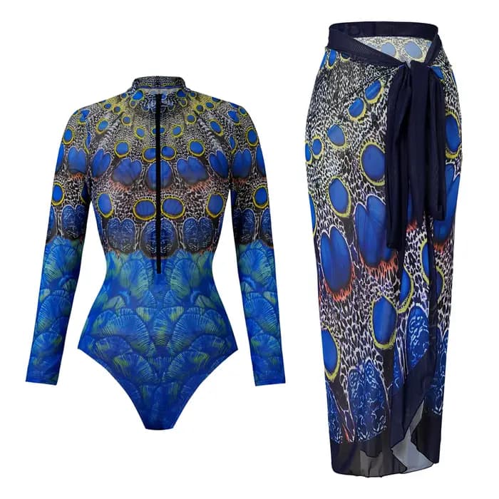 Vintage crème solaire une pièce maillot de bain jupe ensemble femmes paon imprimé fermeture éclair manches longues