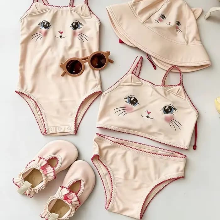 Nouvel ensemble de maillots de bain une pièce et deux pièces pour filles, motif chat mignon, imperméable, collection été 2026