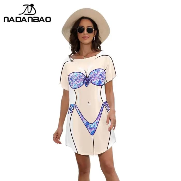 Nadanbao femmes sirène Bikini corps Pattrn T-shirt robe été Bikini couvrir robe à manches courtes Baggy chemises maillot de bain tendance