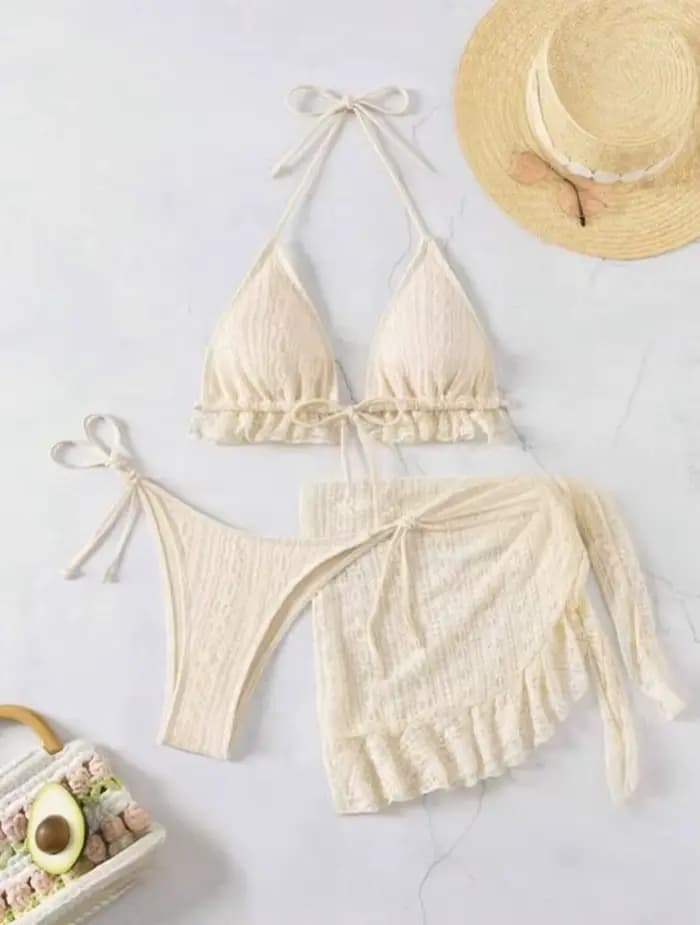 2025 femmes Sexy licou Bikini 3 pièces ensemble solide blanc laiteux maillot de bain avec maille couverture Ups plage