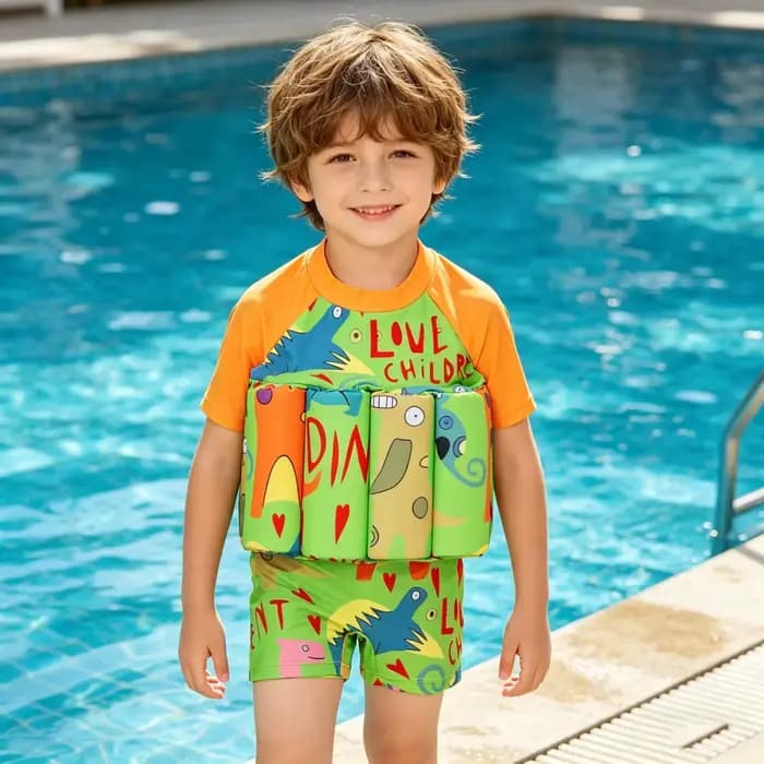 Maillot de bain flottant pour enfants, imprimé dinosaure, à manches courtes, pour garçons, vêtements de plage pour sports aquatiques pour tout-petits