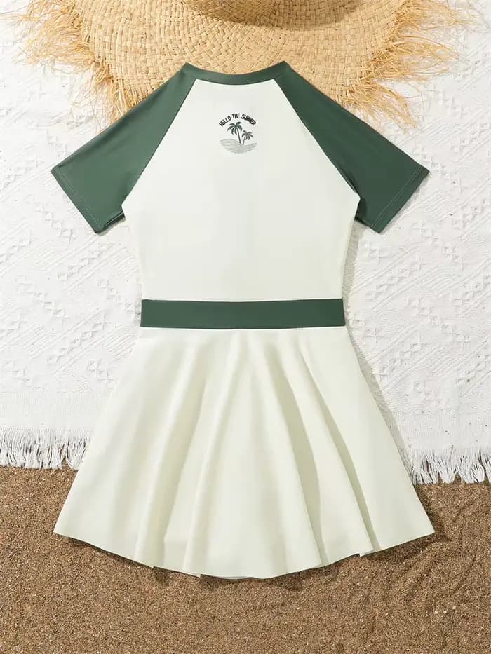 Enfants maillot de bain filles 2026 nouveau solide manches courtes robe longue fermeture éclair maillots