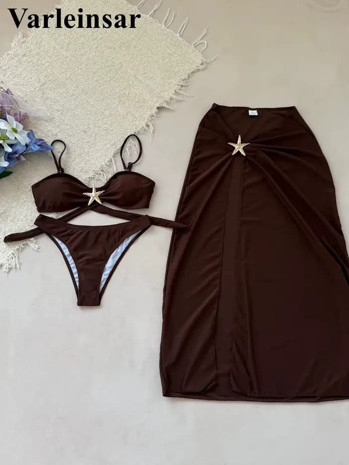 Maillot de bain bikini étoile en métal pour femme, ensemble trois pièces avec jupe, maillot de bain brésilien V7104C