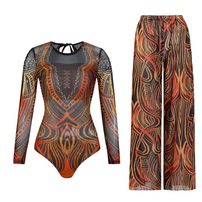 Maillot de bain une pièce imprimé coloré pour femme, maillot de bain à manches longues, style rétro, ensemble body et pantalon, tenue de plage féminine