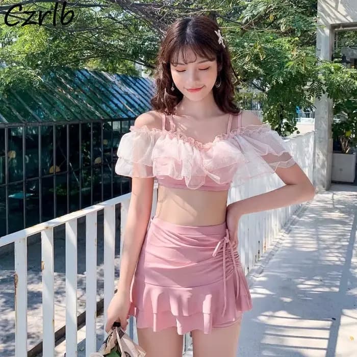 Maillot de bain deux pièces pour femmes, bikini sexy, élégant, dos nu, à volants tendres, à la mode, style coréen, pour filles douces, été