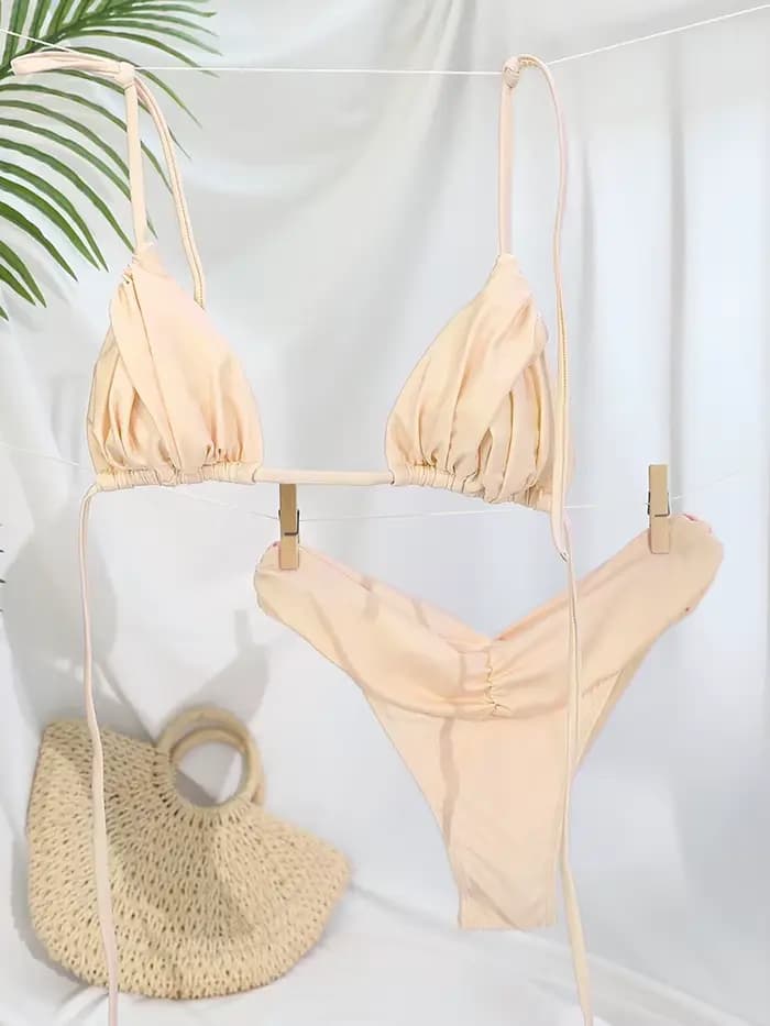 Sexy plis Bikini ensemble solide Micro Bikinis femmes maillot de bain femme Triangle maillots