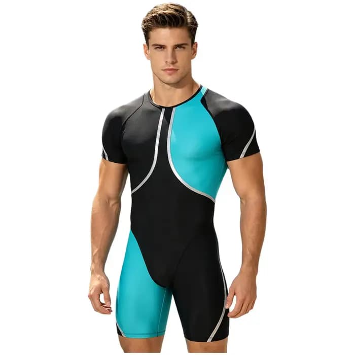 Maillot de bain une pièce pour homme, anti-UV, à manches courtes, col rond, couleur contrastante, pour le surf, avec effet ventre plat