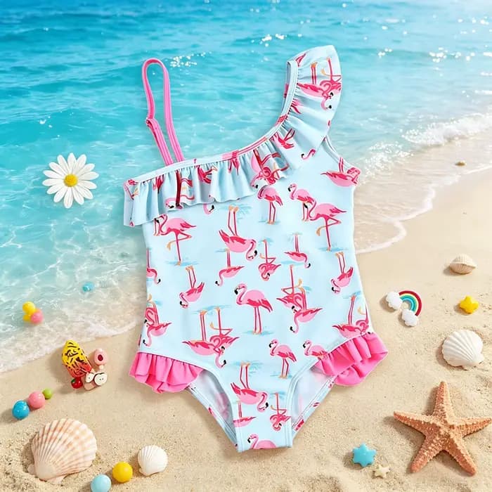 Maillot de bain flamant rose pour filles, asymétrique épaule dénudée, à volants, imprimé bleu clair, pour plage, piscine, vacances, tenue pour tout-petits