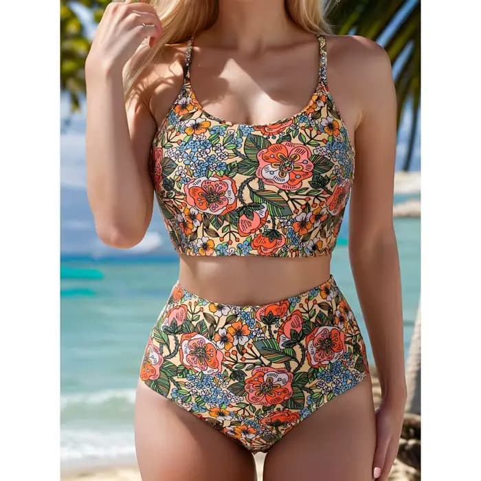 Ensemble bikini sexy pour femme, maillot de bain deux pièces à imprimé floral, taille haute, tenue de plage estivale