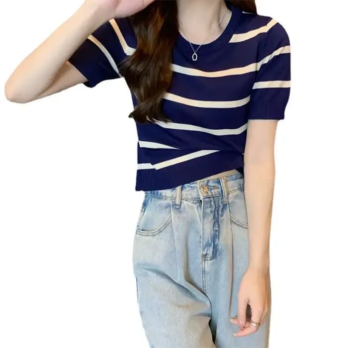 T-shirt à manches courtes tricoté rayé pour femmes, haut court d'été, nouveau Design Sense, Niche, coupe cintrée, épaules amincissantes, 2023