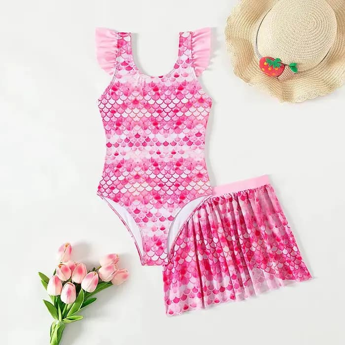 Nouveau maillot de bain une pièce pour filles avec jupe de plage rose imprimé sirène