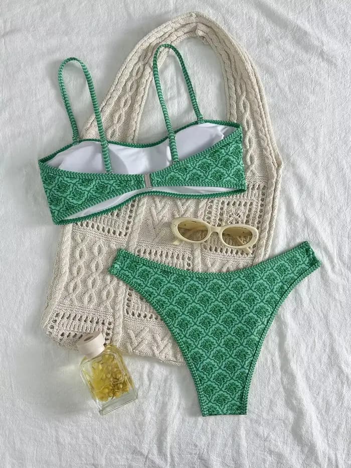 Bikini Bandeau Sexy 2026 Femme Vert Floral Plissé Push-Up Rembourré String Maillot de Bain Été Deux Pièces Biquini