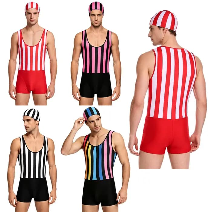 Maillot de bain à séchage rapide pour hommes, avec bonnet de bain, justaucorps sans manches, une pièce rayée, pour le surf, la plage, la piscine