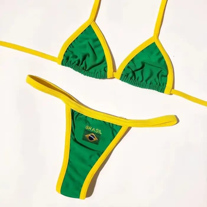Broderie drapeau du brésil contraste fendu Bikini ensemble femmes maillots de bain Patchwork maillot de bain Hottie tenue SummerBeachwear
