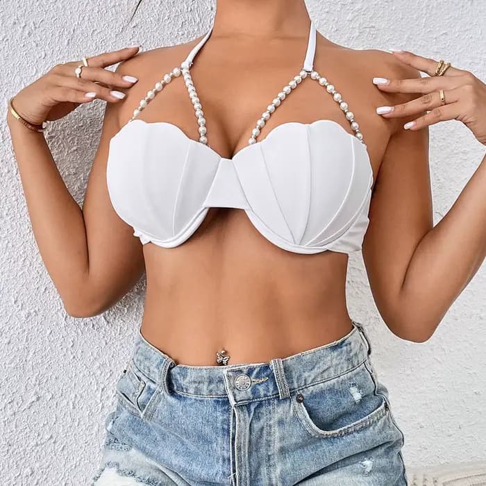 Hauts de bikini à perles pour femmes, col licou, paillettes, coquille, maillot de bain, style plage, vêtements de station