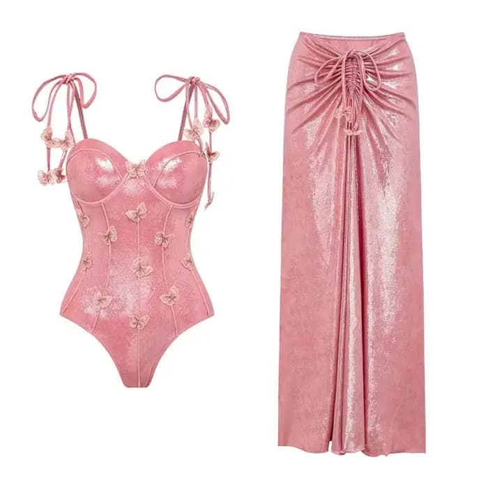 Maillot de bain une pièce bleu uni à décolleté plongeant et jupe