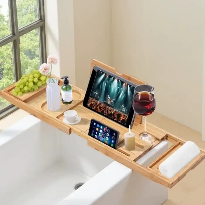 Plateau de bain réglable et extensible en bambou avec porte-gobelet / porte-livre