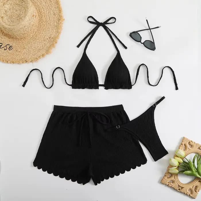 Ensemble de 3 pièces : Bikini string triangle 2026 pour femme, maillot de bain halter uni et sexy