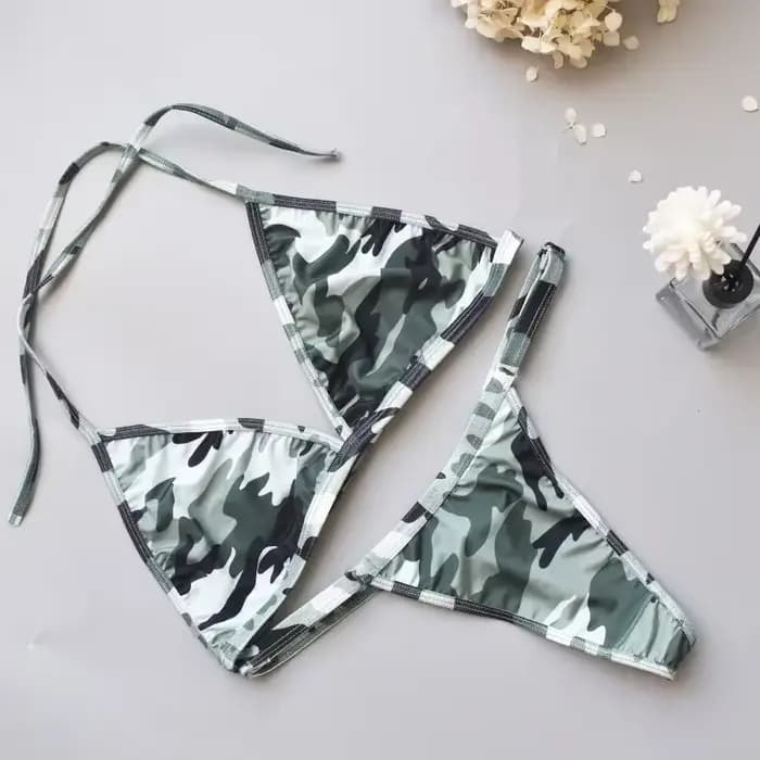 Ensemble Bikini Camouflage Femme Sexy Imprimé Maillot de Bain Deux Pièces String Dos Nu 2026 Tenue de Plage Tendance Été