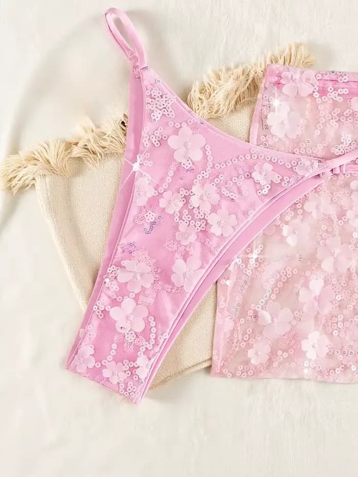Ensemble bikini 3 pièces en maille rose à paillettes brillantes pour femme