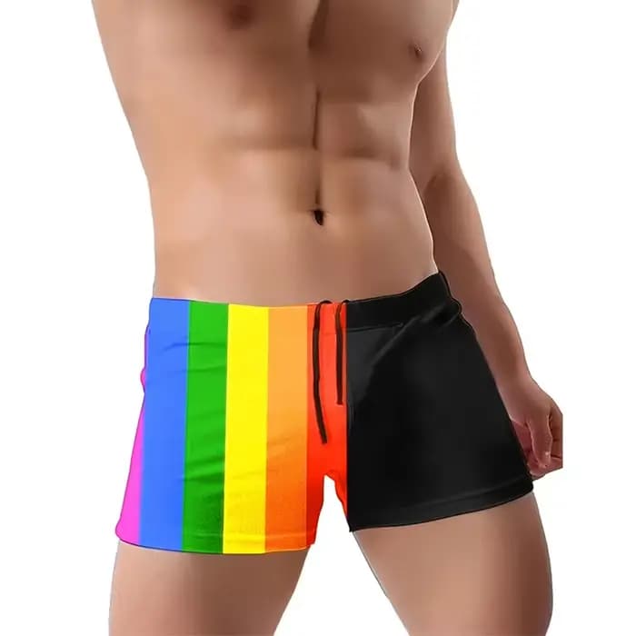 Short de bain à rayures arc-en-ciel pour hommes, maillot de bain moulant avec corde à nœud, vêtements de sport confortables pour la maison, nouvelle collection 2024