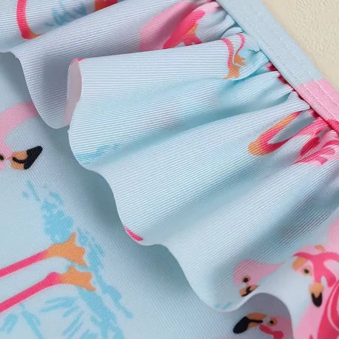 Maillot de bain flamant rose pour filles, asymétrique épaule dénudée, à volants, imprimé bleu clair, pour plage, piscine, vacances, tenue pour tout-petits